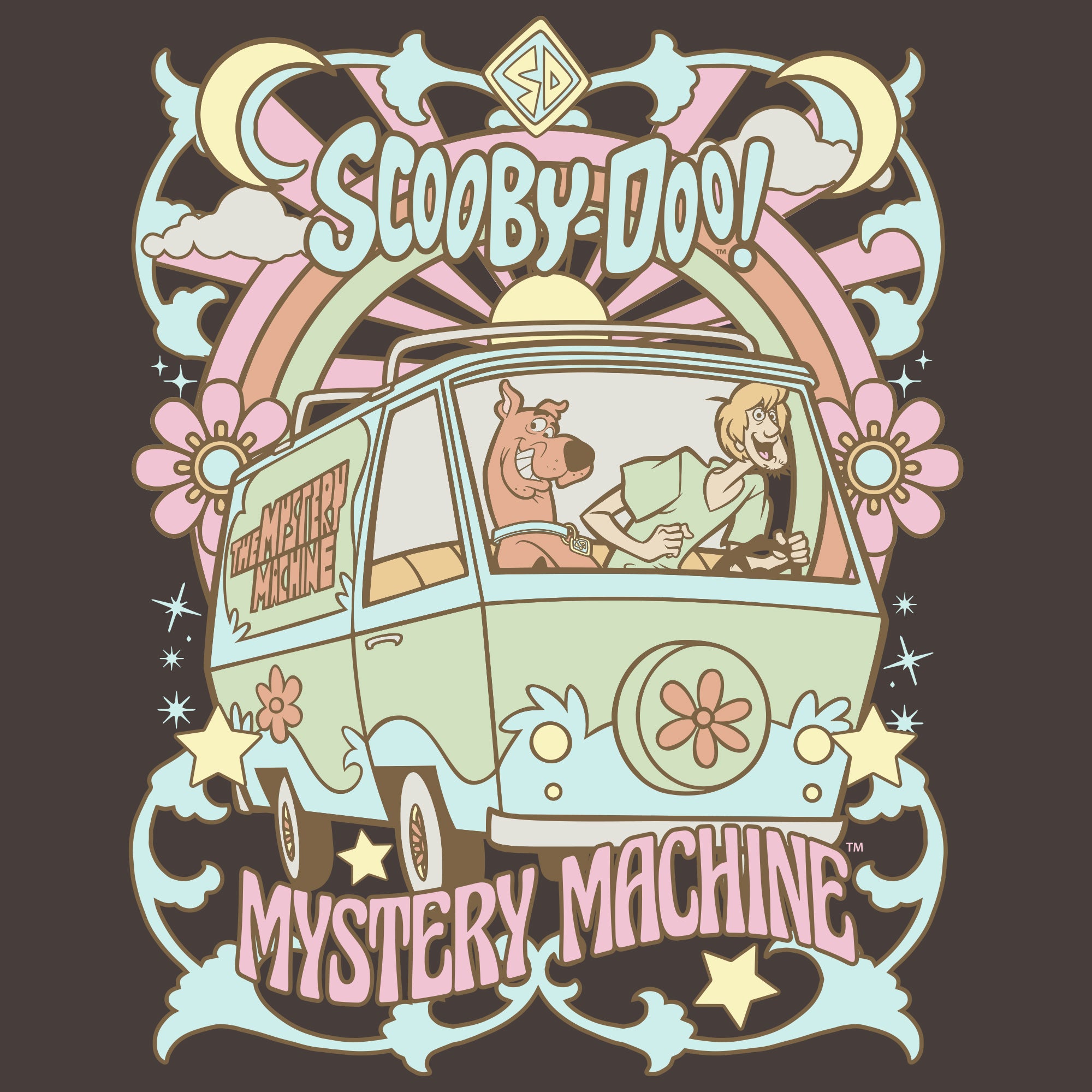 image on shirt: scooby and shaggy driving in mystery machine van. flowers, stars, moons, and sparkles in background. text: scooby-doo! mystery machine
