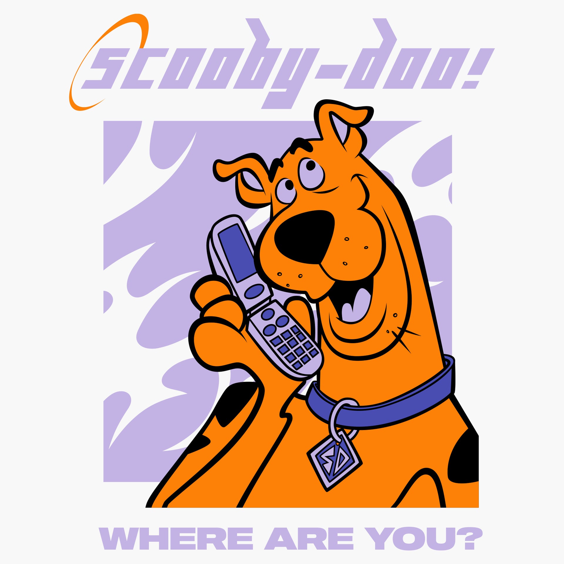 image on shirt: scooby doo holding flip cell phone. text: scooby-doo! where are you?