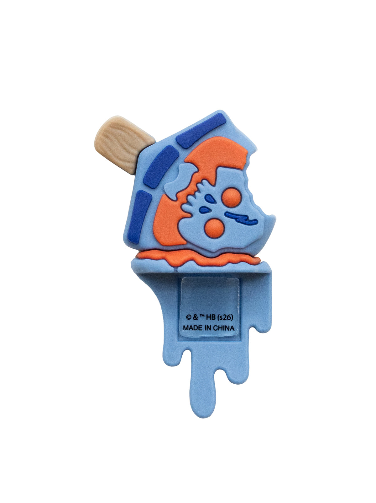 A figure shaped like a melting popsicle, featuring a light blue body, orange face, and a beige wooden stick handle, on a plain white background.