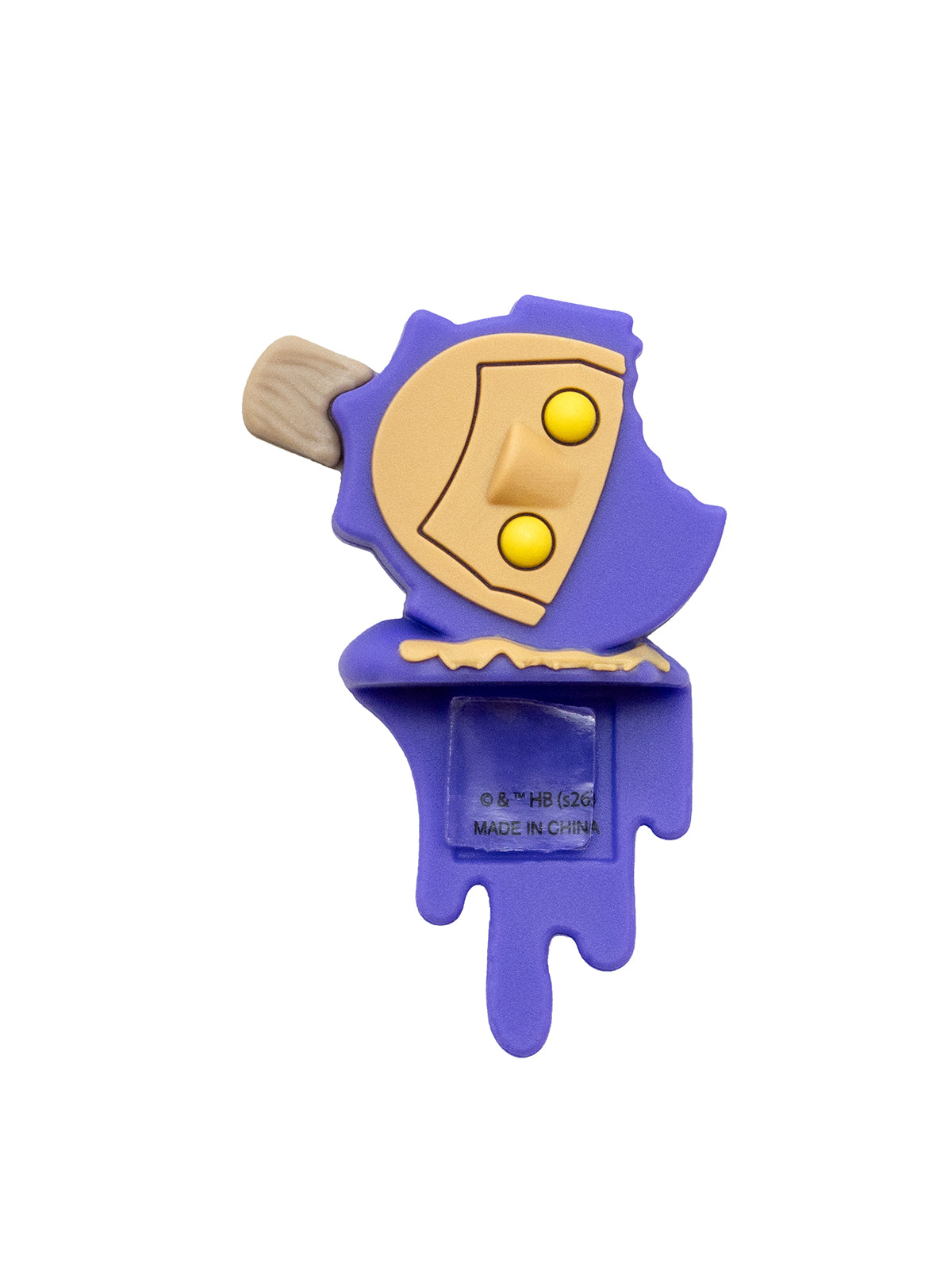 A figure ice pop shaped like a cartoon robot in a purple suit with a beige face and yellow eyes, featuring a small wooden stick handle