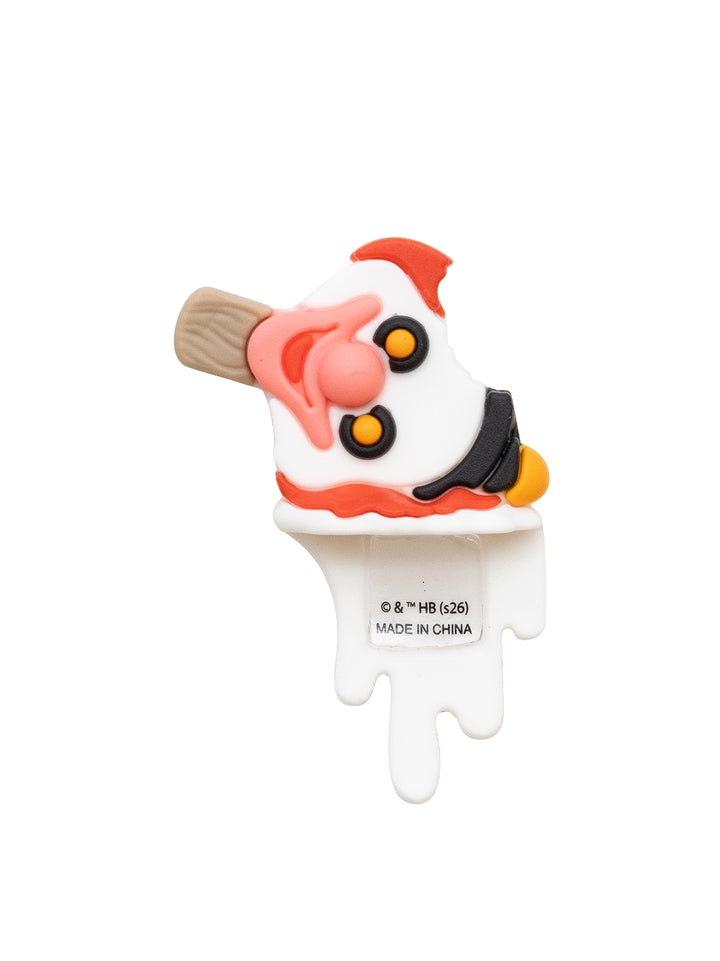 A figure shaped like a melting popsicle, featuring a white body with red and orange details, a pink mouth, and a brown handle, shown on a plain white background.