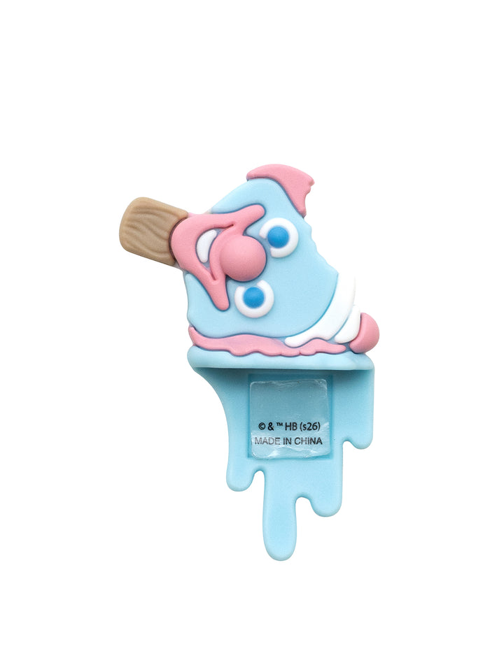 A light blue and pink melting popsicle-shaped figure with a wooden stick handle, featuring cartoon eyes 