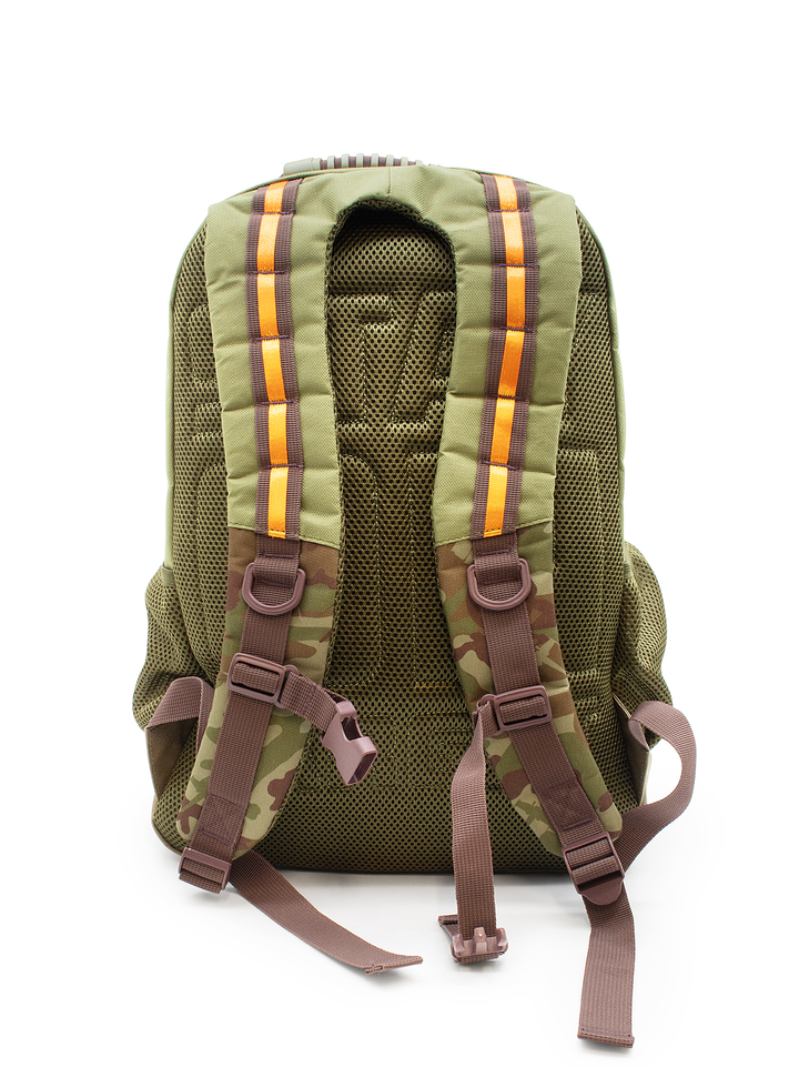 Green backpack with brown straps on a white background