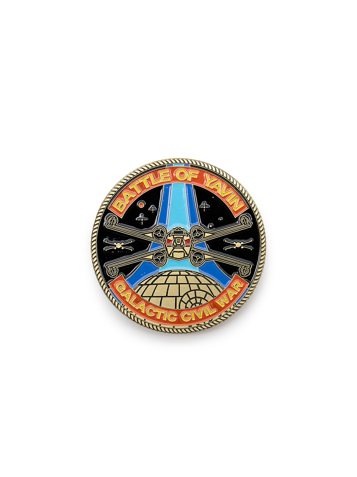 Pin with 'Battle of Yavin' and 'Galactic Empire' text on a white background
