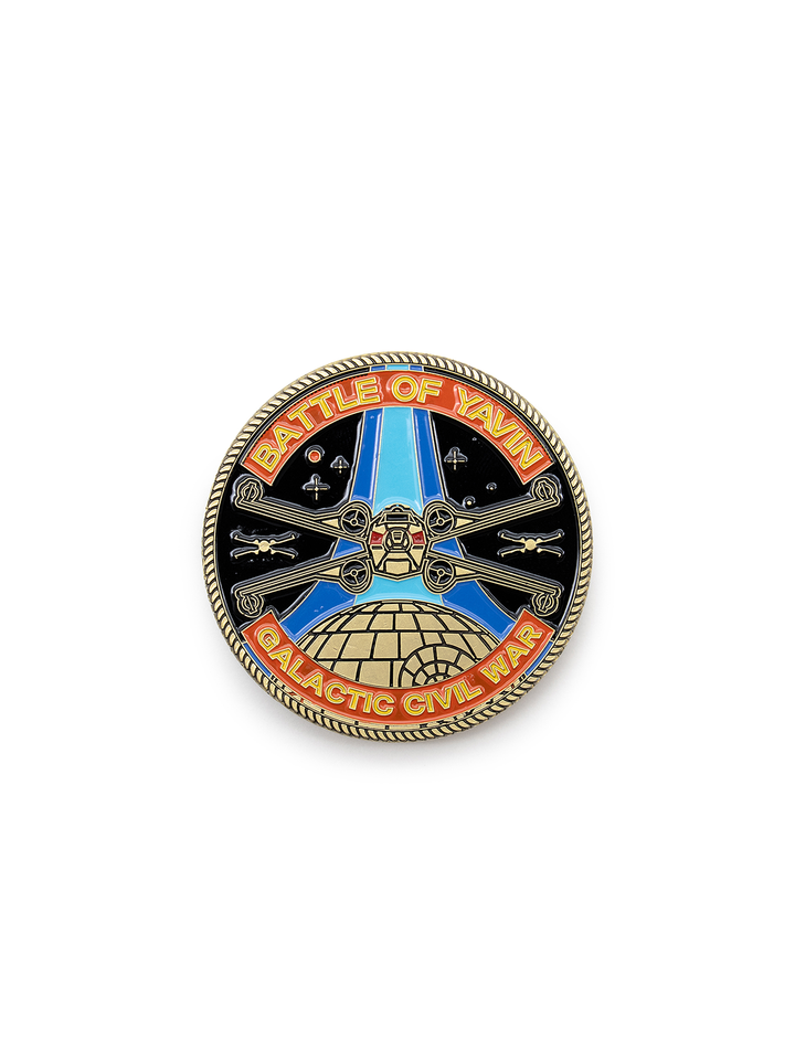 Pin with 'Battle of Yavin' and 'Galactic Empire' text on a white background
