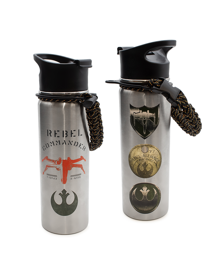 Two silver water bottles with black lids and decorative elements on a white background