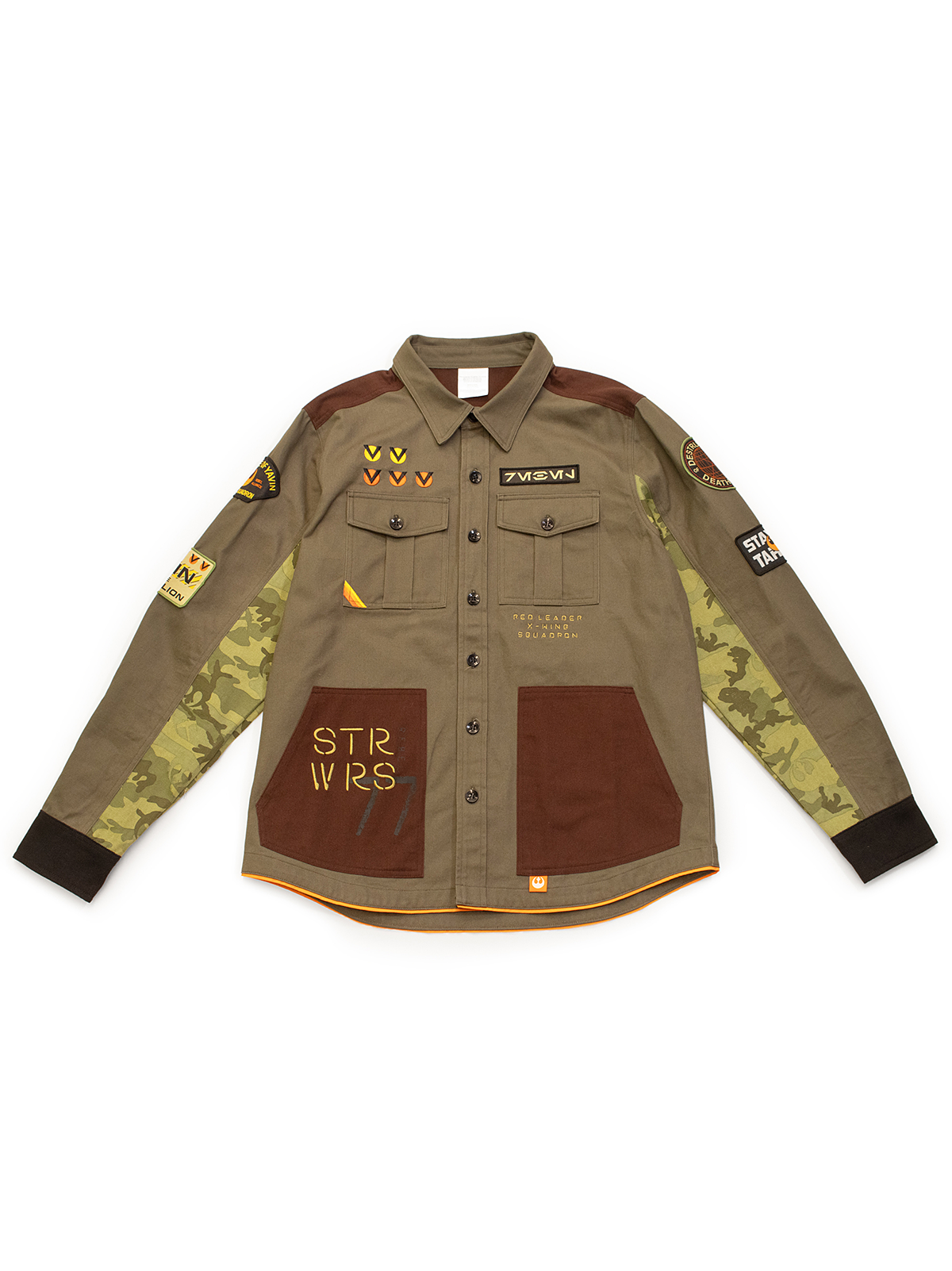 Brown military-style shirt with patches and text on a white background