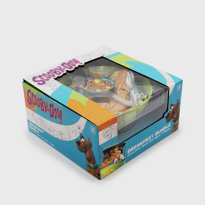 scooby doo bundle box packaging. text: scooby-doo! breakfast bundle cereal bowl. spoon with topper. & napkin. age 13+
