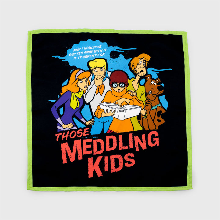 napkin. image: daphne, fred, velma with a book, shaggy and scooby doo. text: and i would've gotten away with it if it werent for those meddling kids