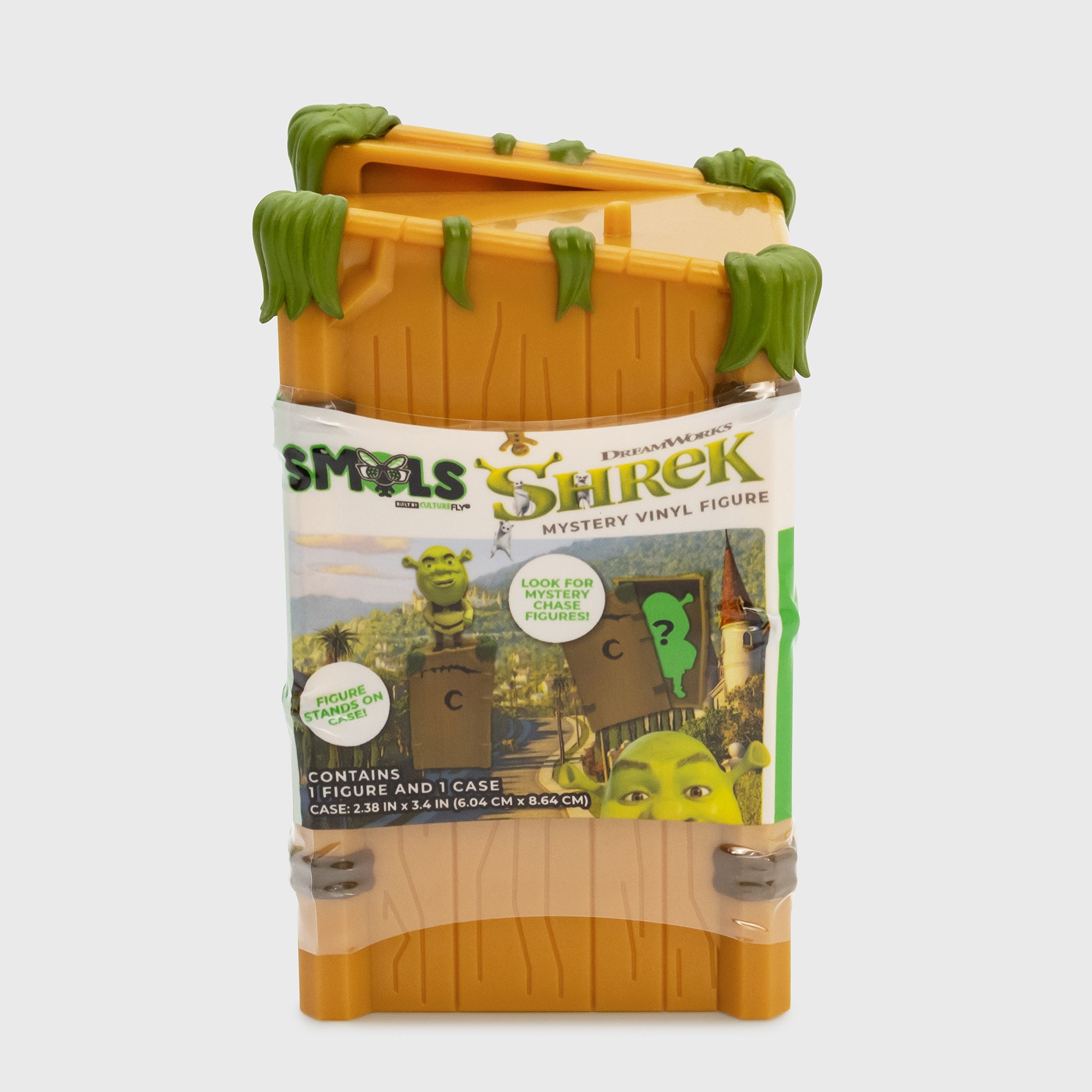 blind box wrapped up. text: smols dreamworks shrek mystery vinyl figure. look for mystery chase figures! figure stands on case! contains 1 figure and 1 case. case: 2.38 in x 3.4 in (6.04 cm x 8.64 cm)