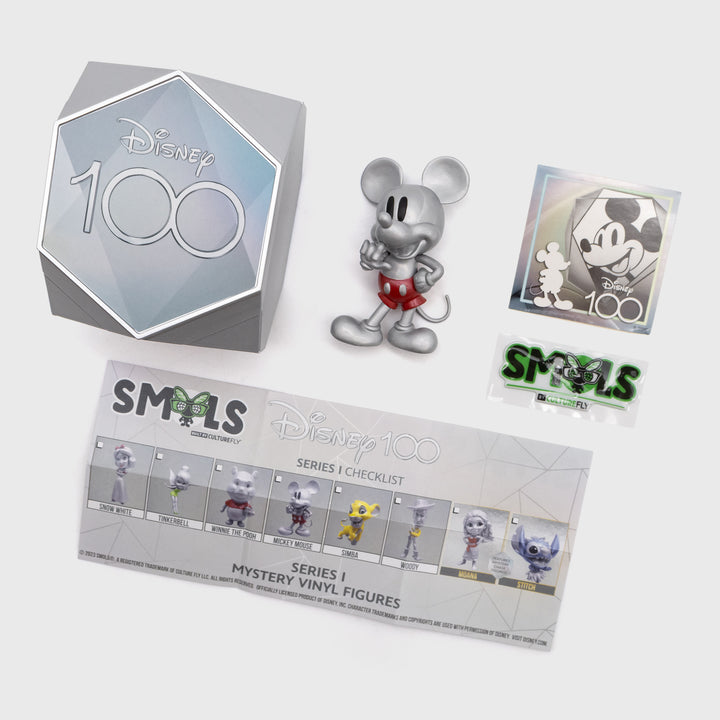 what comes inside of smols box. disney 100 box, figure, sticker of character, smols sticker, checklist.