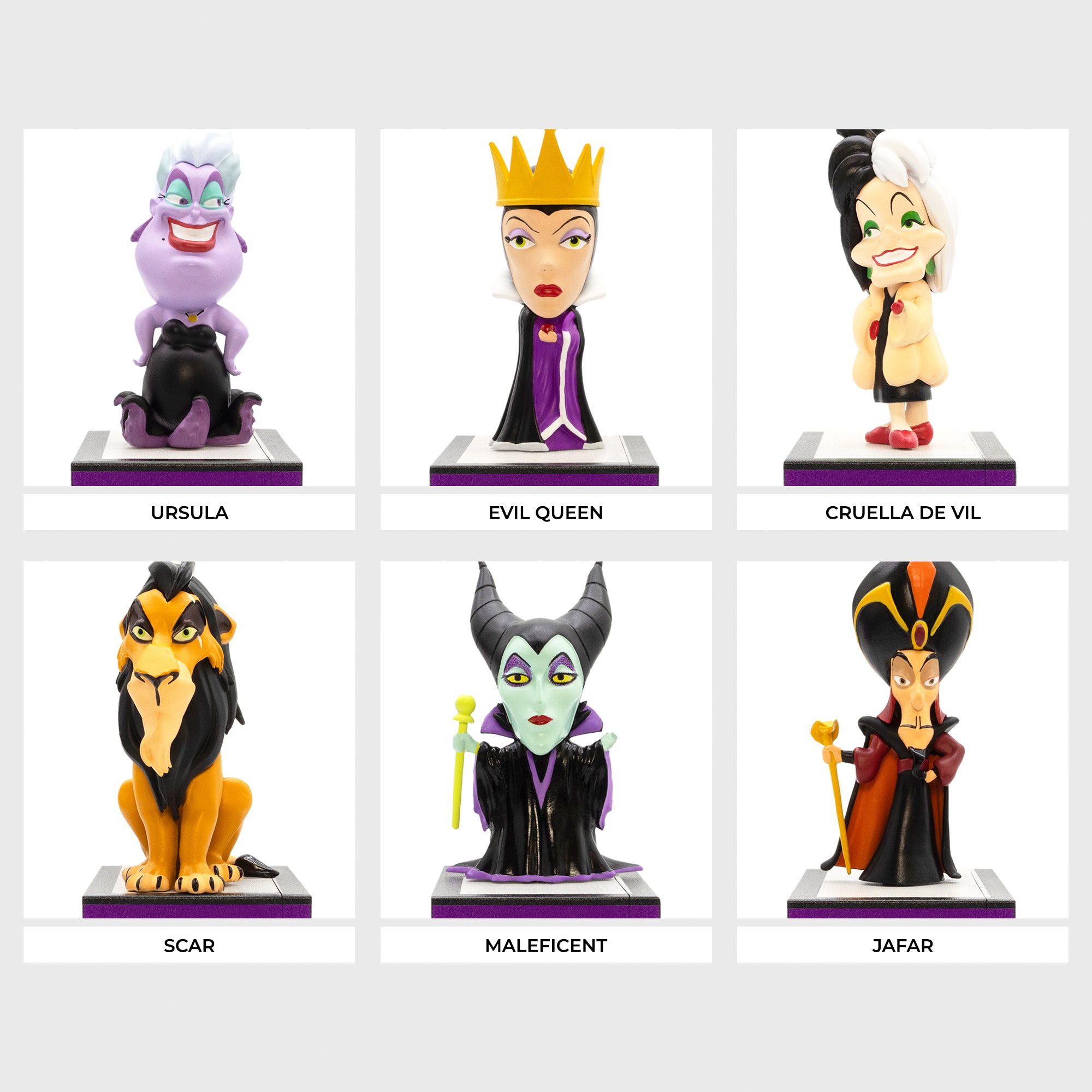 full set of disney villians smols. text: ursula, evil queen, cruella de vil, scar, maleficent, jafar