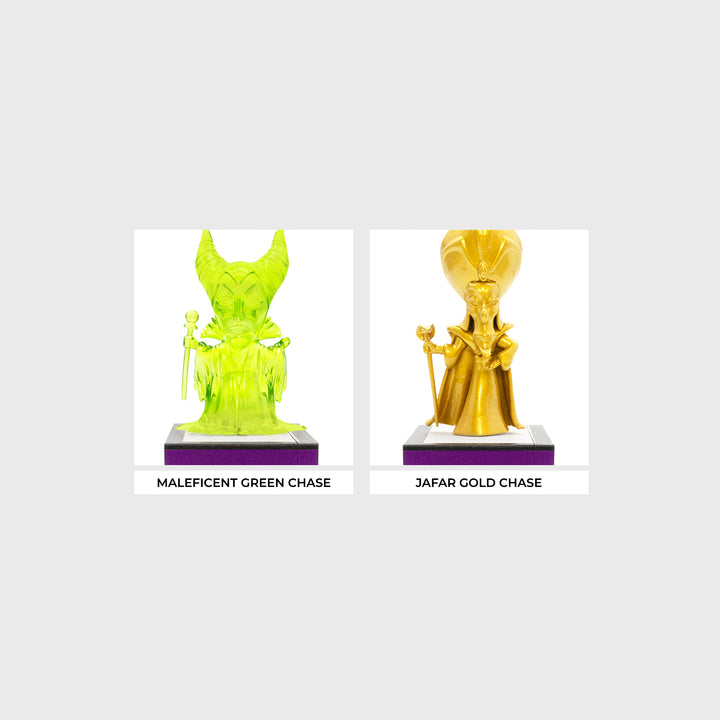 set of chased figures. text: maleficent green chase, jafar gold chase