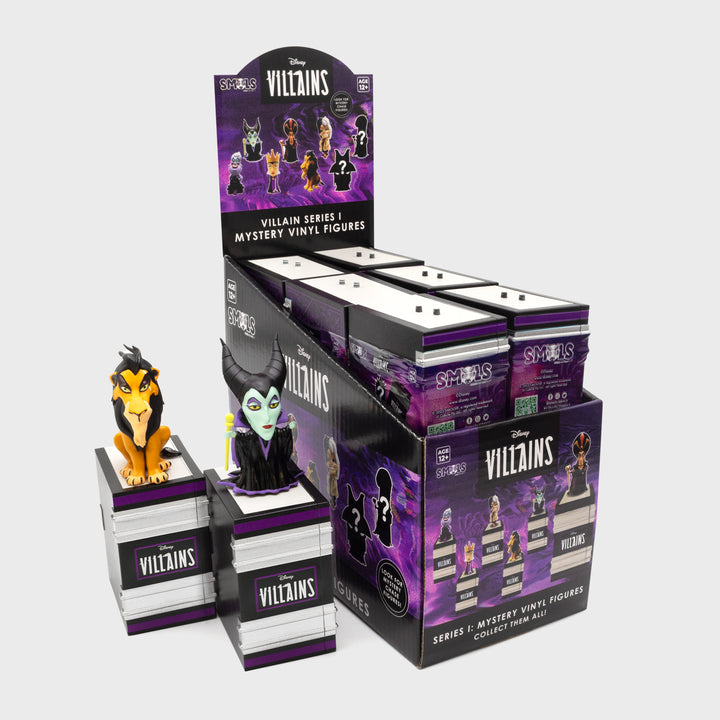 PDQ of all smols with maleficent and scar in front. text on PDQ: disney villans smols look for mystery chase figures! villain series 1 mystery vinyl figures.