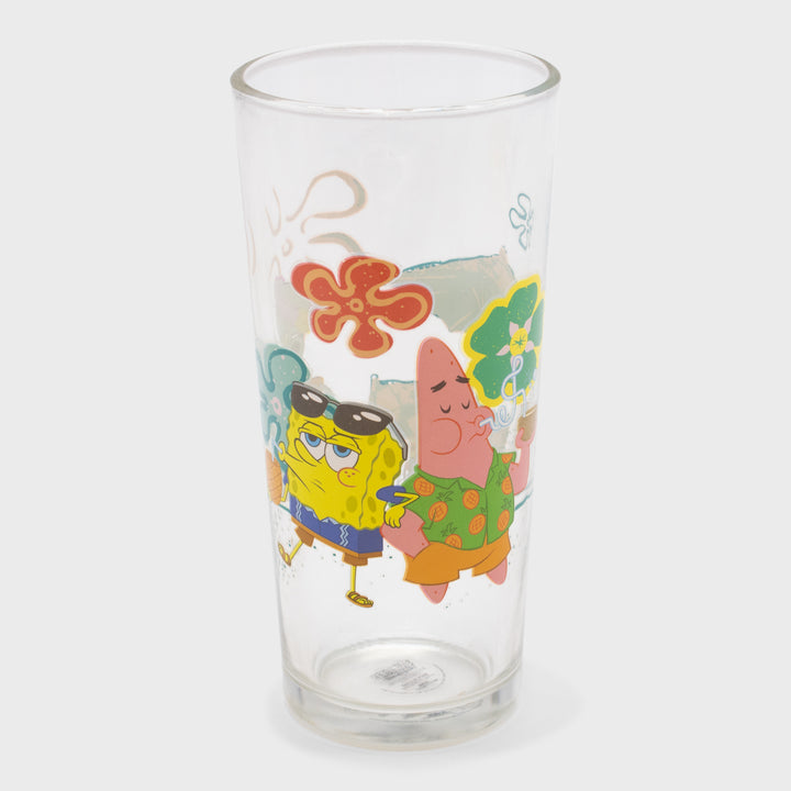 spongebob squarepants tall drinking glass. image: spongebob and patricks wearing vacation clothes drinking out of coconuts, flowers.