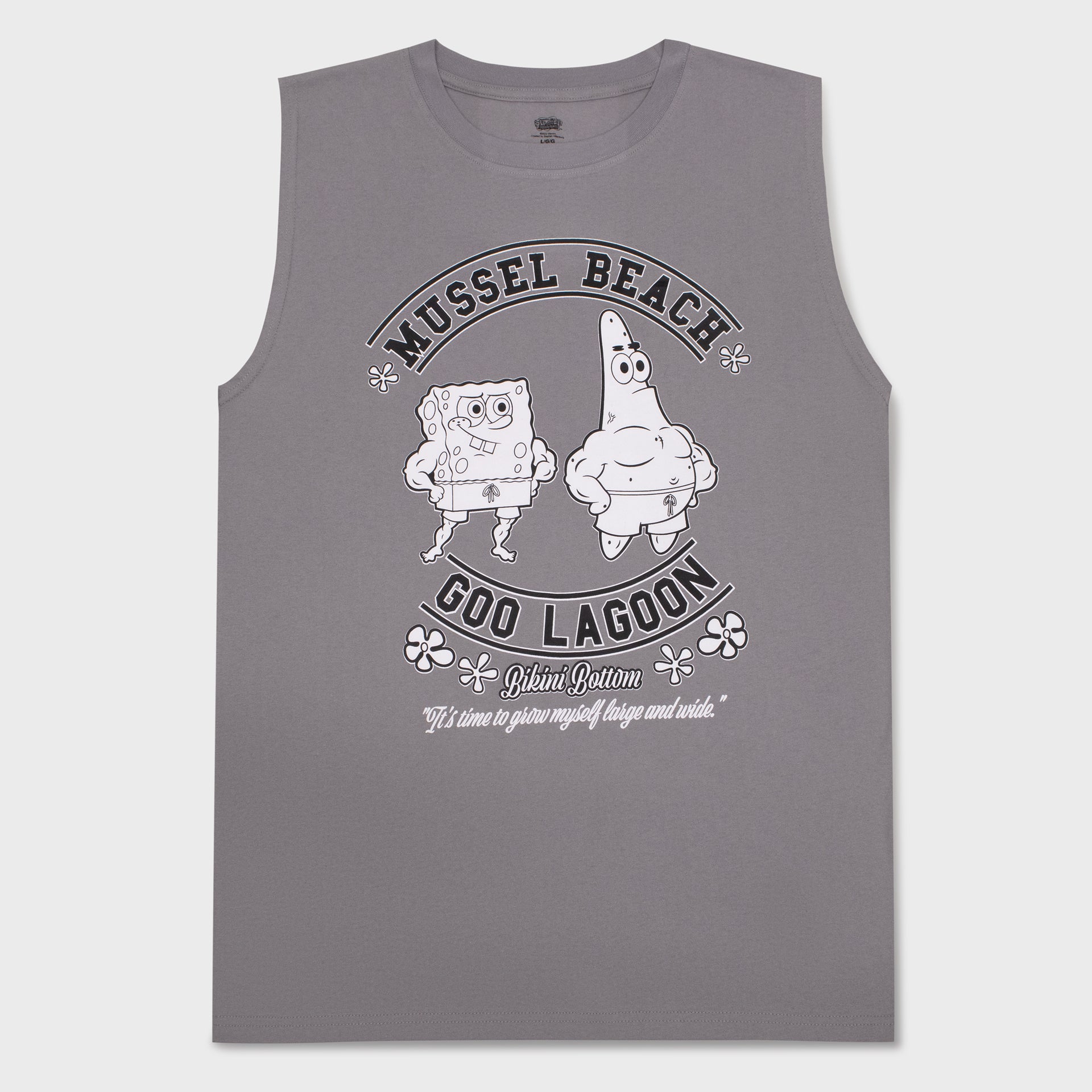 spongebob squarepants muscle tank. image on front: spongebob and patrick in swimming trucks with muscles. text: muscle beach goo lagoon bikini bottom "it's time to grow myself large and wide."