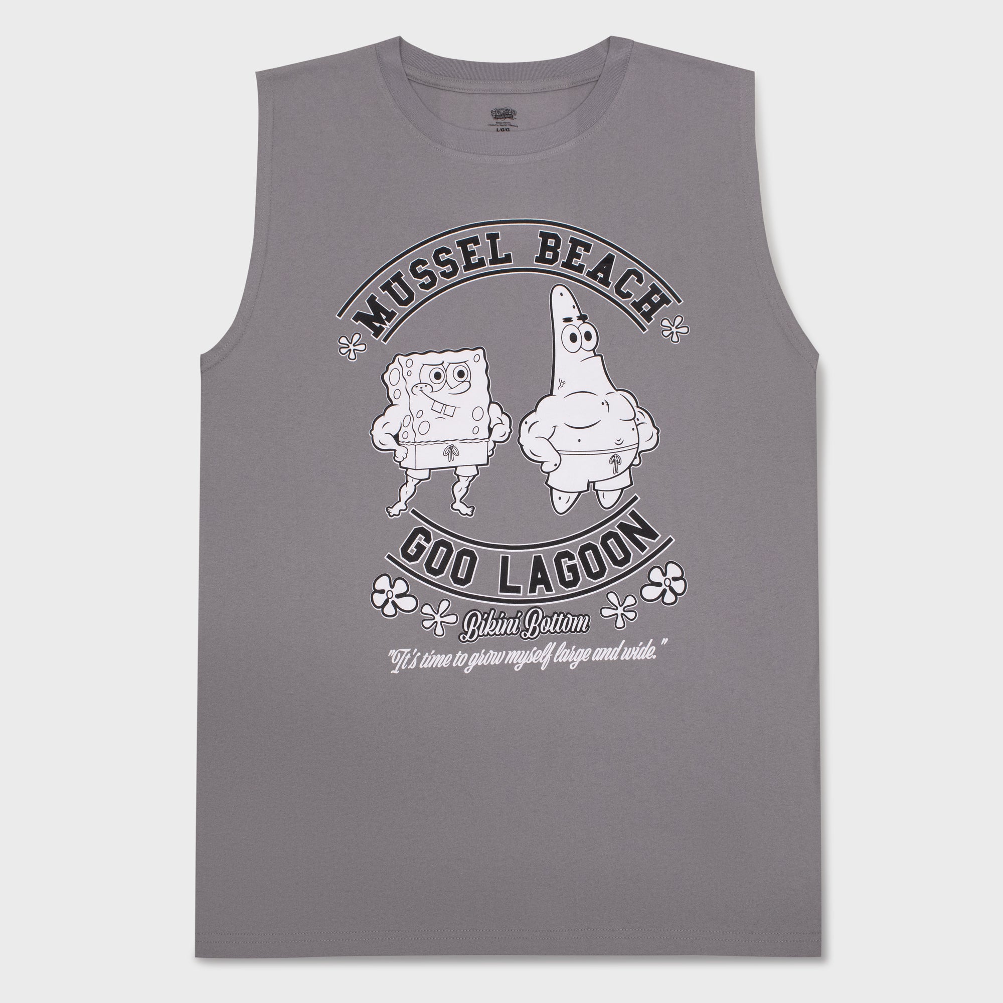 spongebob squarepants muscle tank. image on front: spongebob and patrick in swimming trucks with muscles. text: muscle beach goo lagoon bikini bottom "it's time to grow myself large and wide."