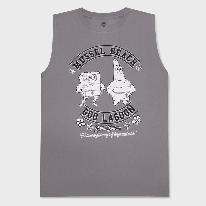 spongebob squarepants muscle tank. image on front: spongebob and patrick in swimming trucks with muscles. text: muscle beach goo lagoon bikini bottom "it's time to grow myself large and wide."