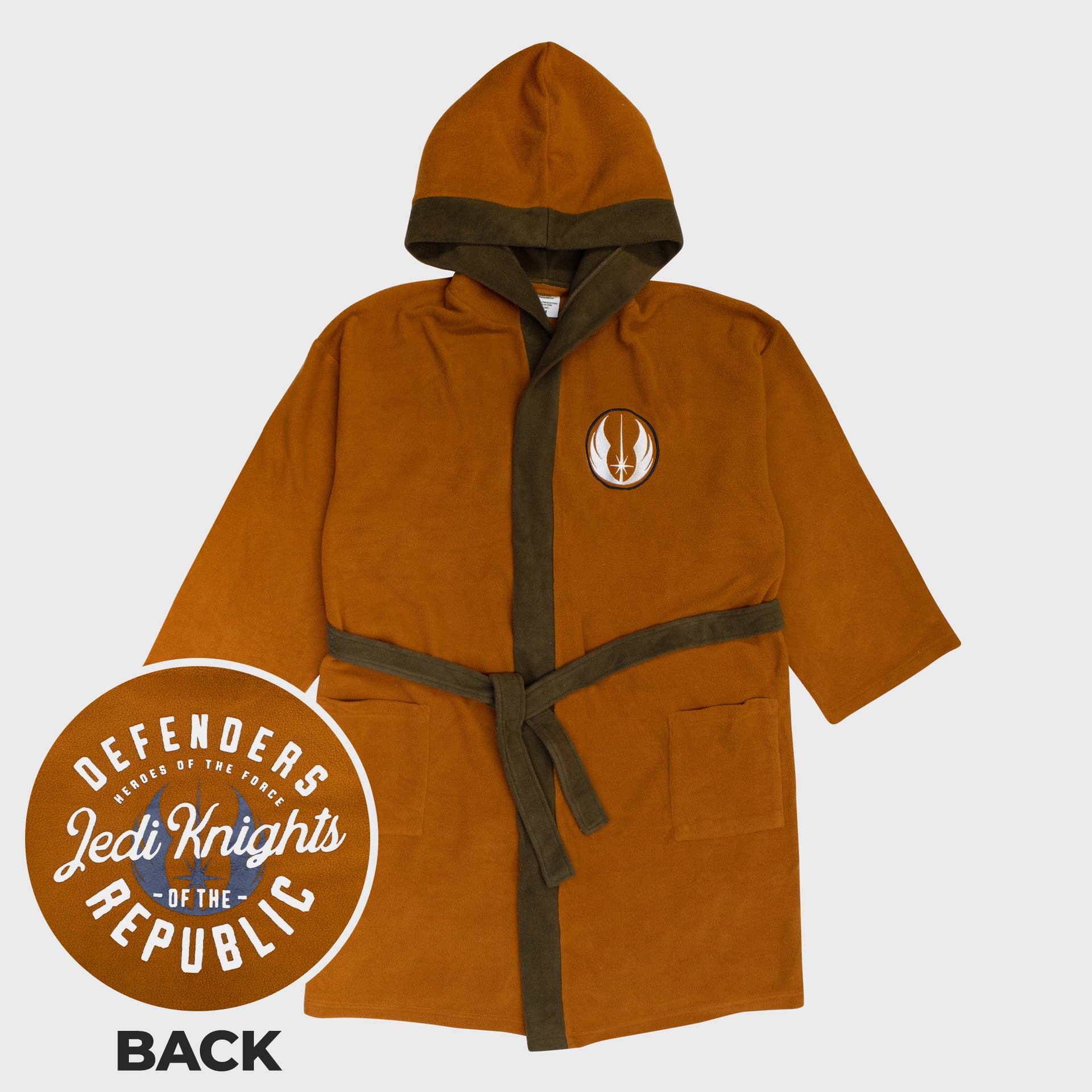 jedi knight robe front pocket: jedi order symbol. back: jedi order symbol. text: defenders of the republic. jedi knights heroes of the force. has tie and 2 front pockets.