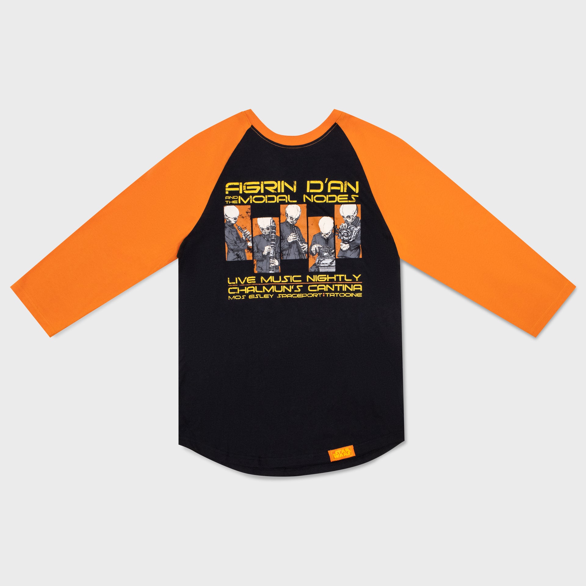 raglan shirt. front of shirt image: Bith band playing instruments. text: figrin d'an and the modal nodes. live music nightly. chalmun's cantina. mos eisley spaceport. tatooine