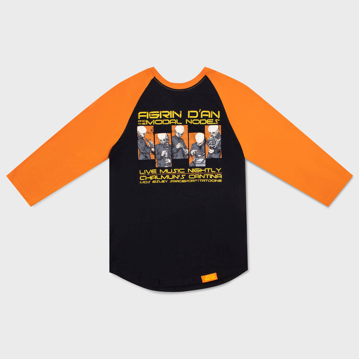raglan shirt. front of shirt image: Bith band playing instruments. text: figrin d'an and the modal nodes. live music nightly. chalmun's cantina. mos eisley spaceport. tatooine