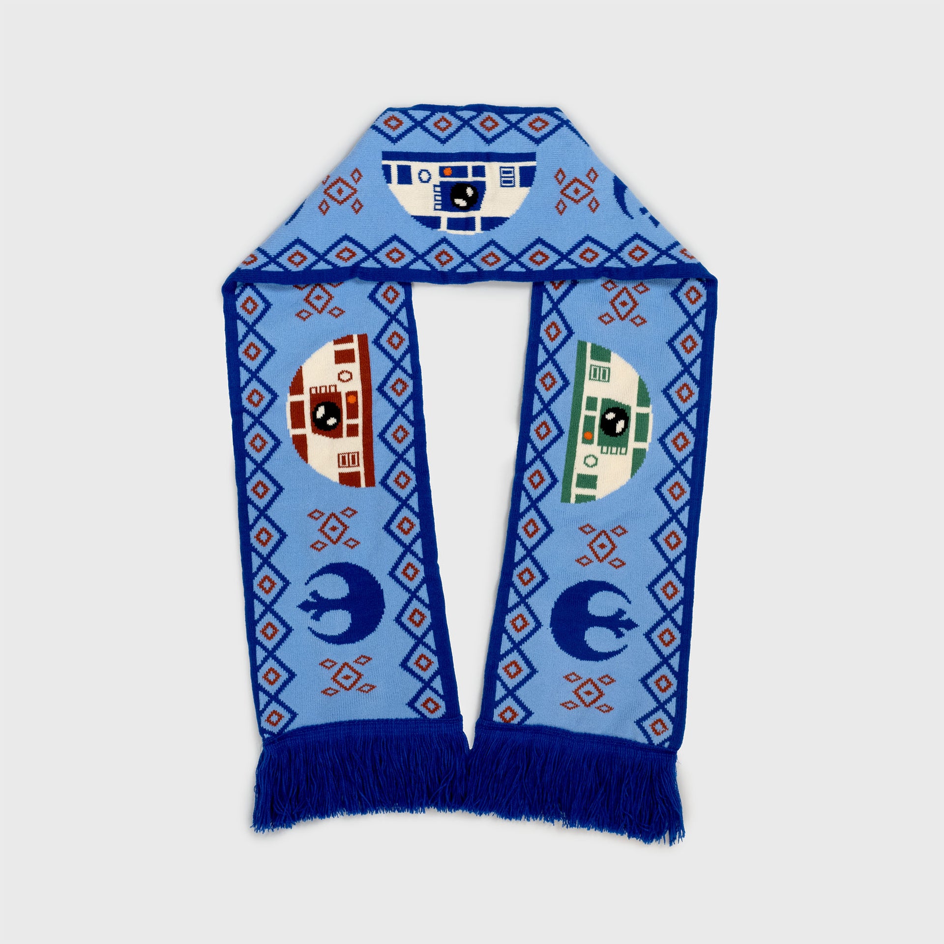 scarf. tassels on ends. 3 droid robots. rebels symbol