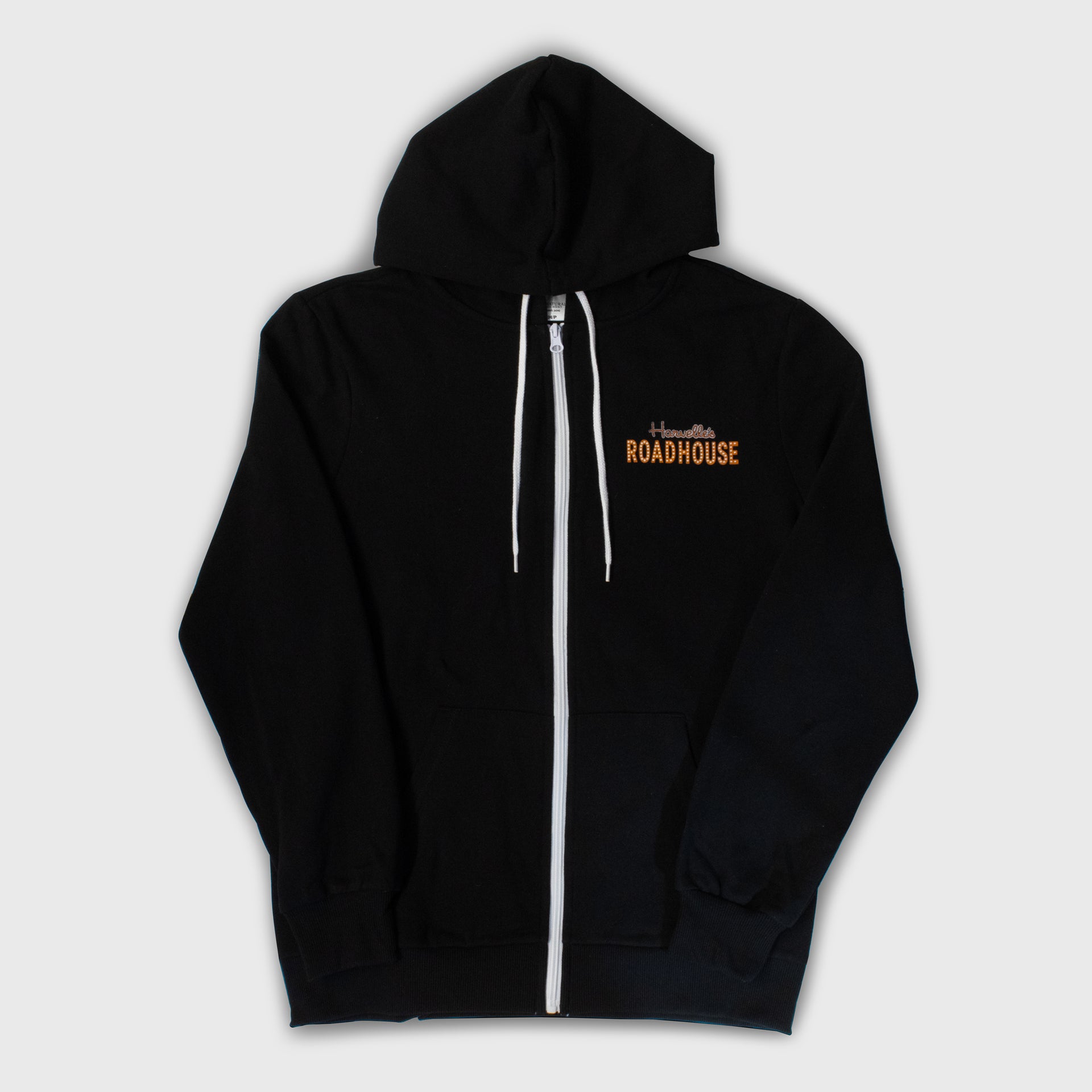 front of hoodie. zip-up. harvelle's roadhouse on pocket left corner