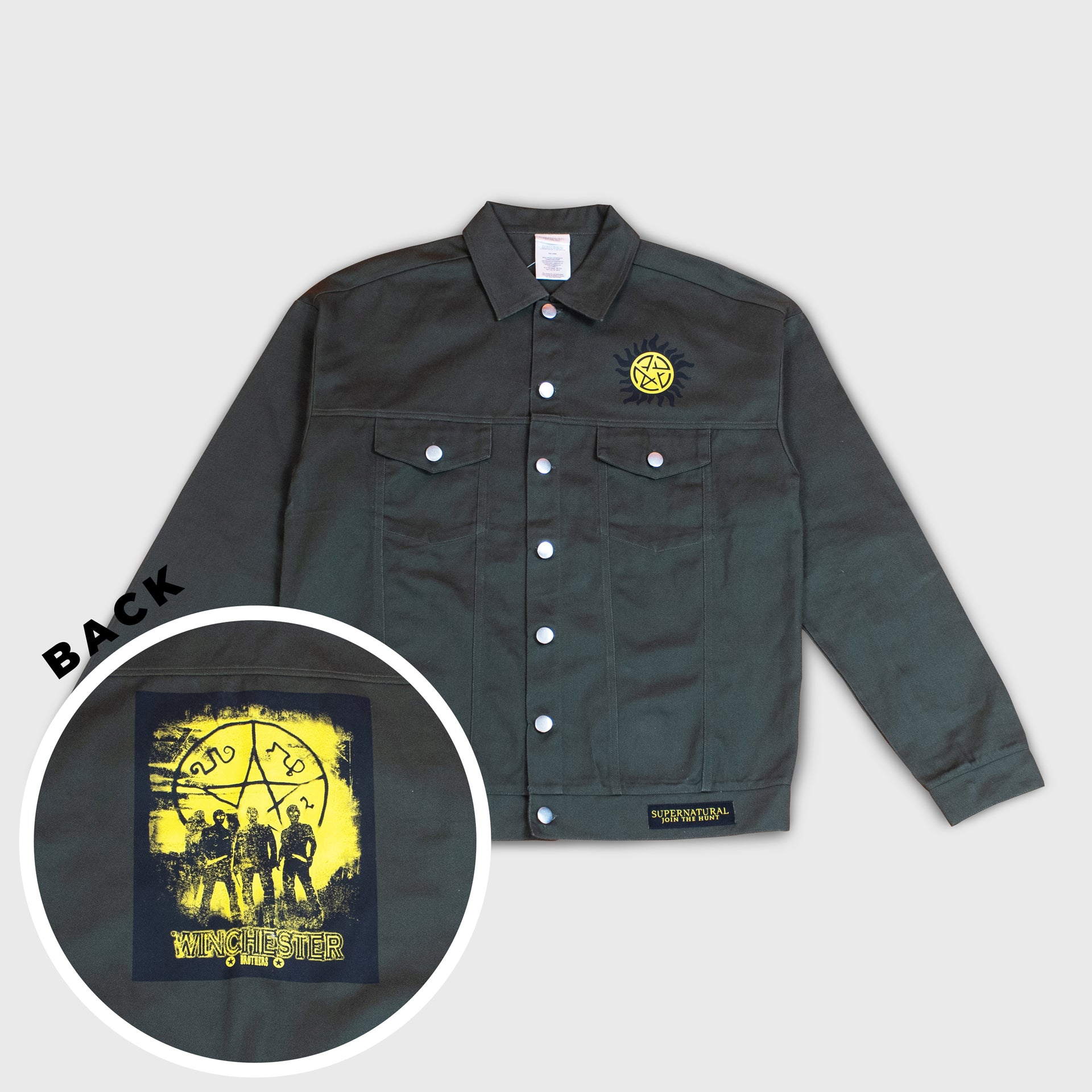 denim jacket. castiel, sam, dean on back