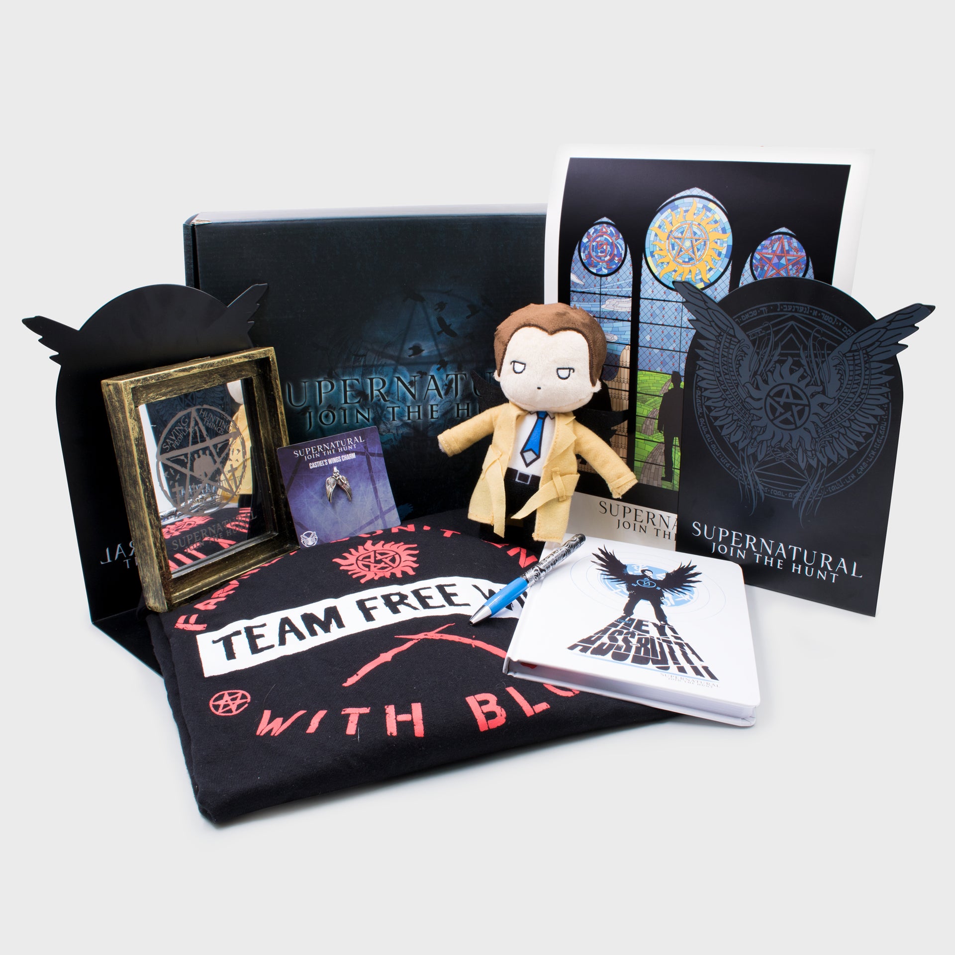 supernatural box long sleeve shirt journal pen castiel plush bookends mirror charm art print