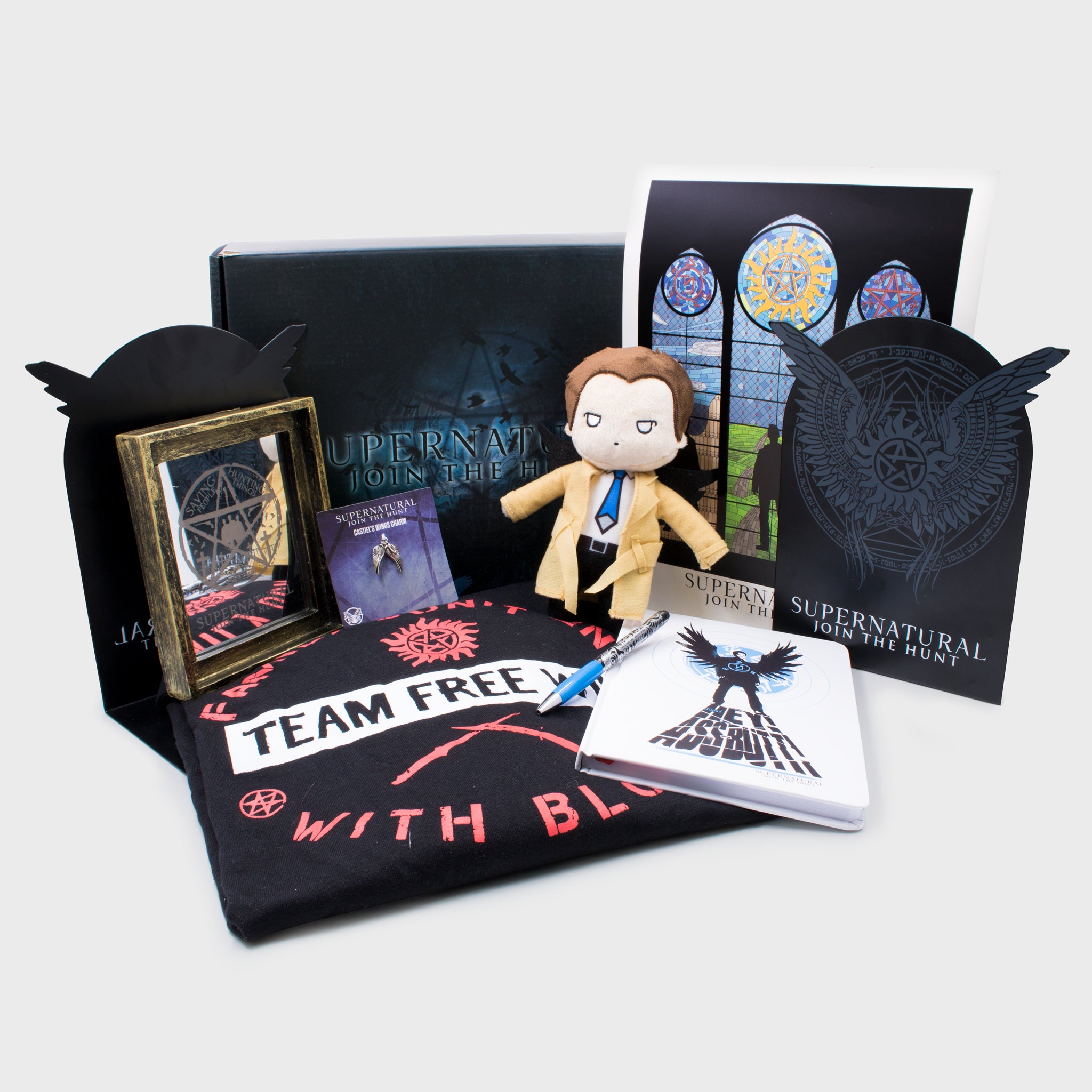 supernatural box long sleeve shirt journal pen castiel plush bookends mirror charm art print