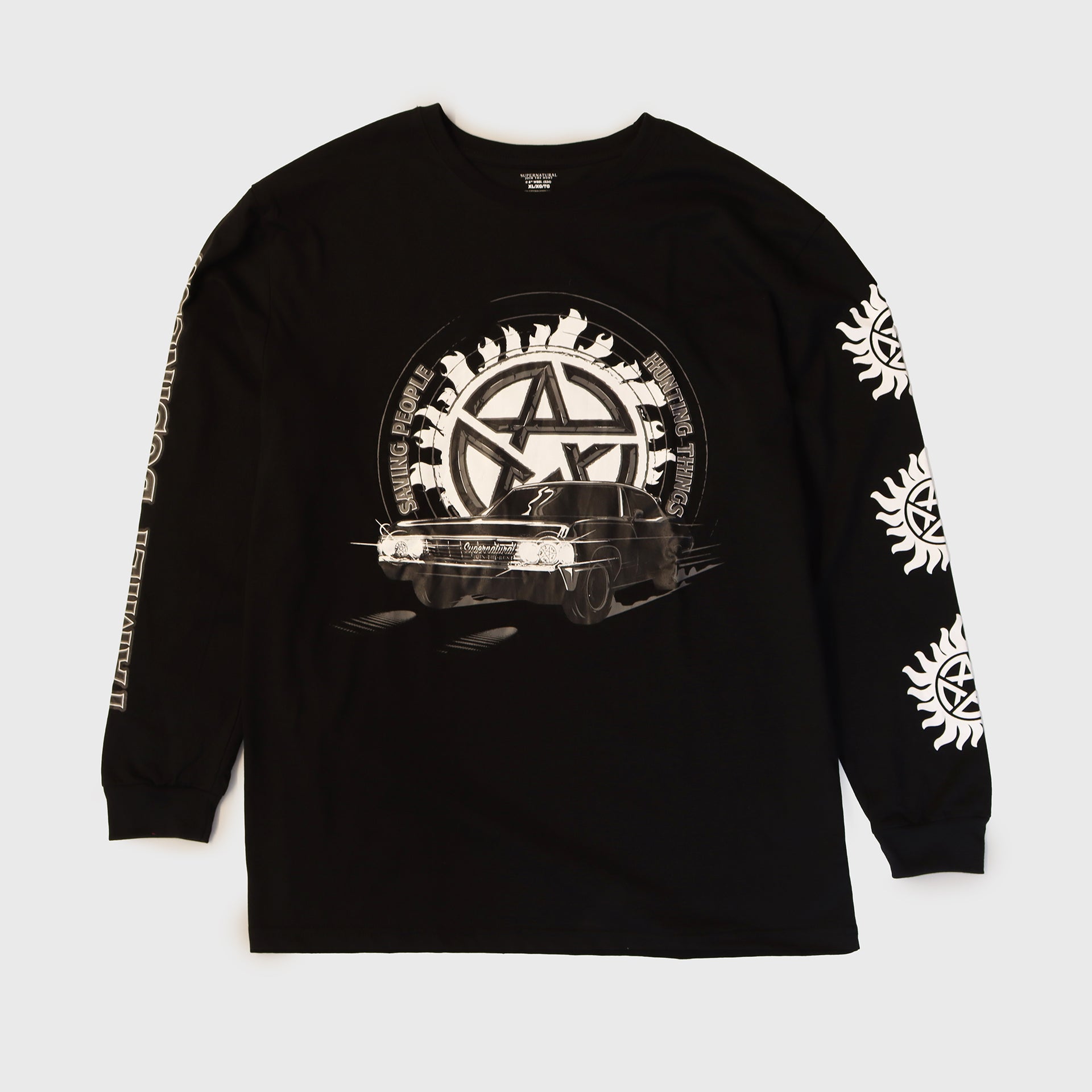long sleeve shirt. baby on front. text: saving people hunting things.