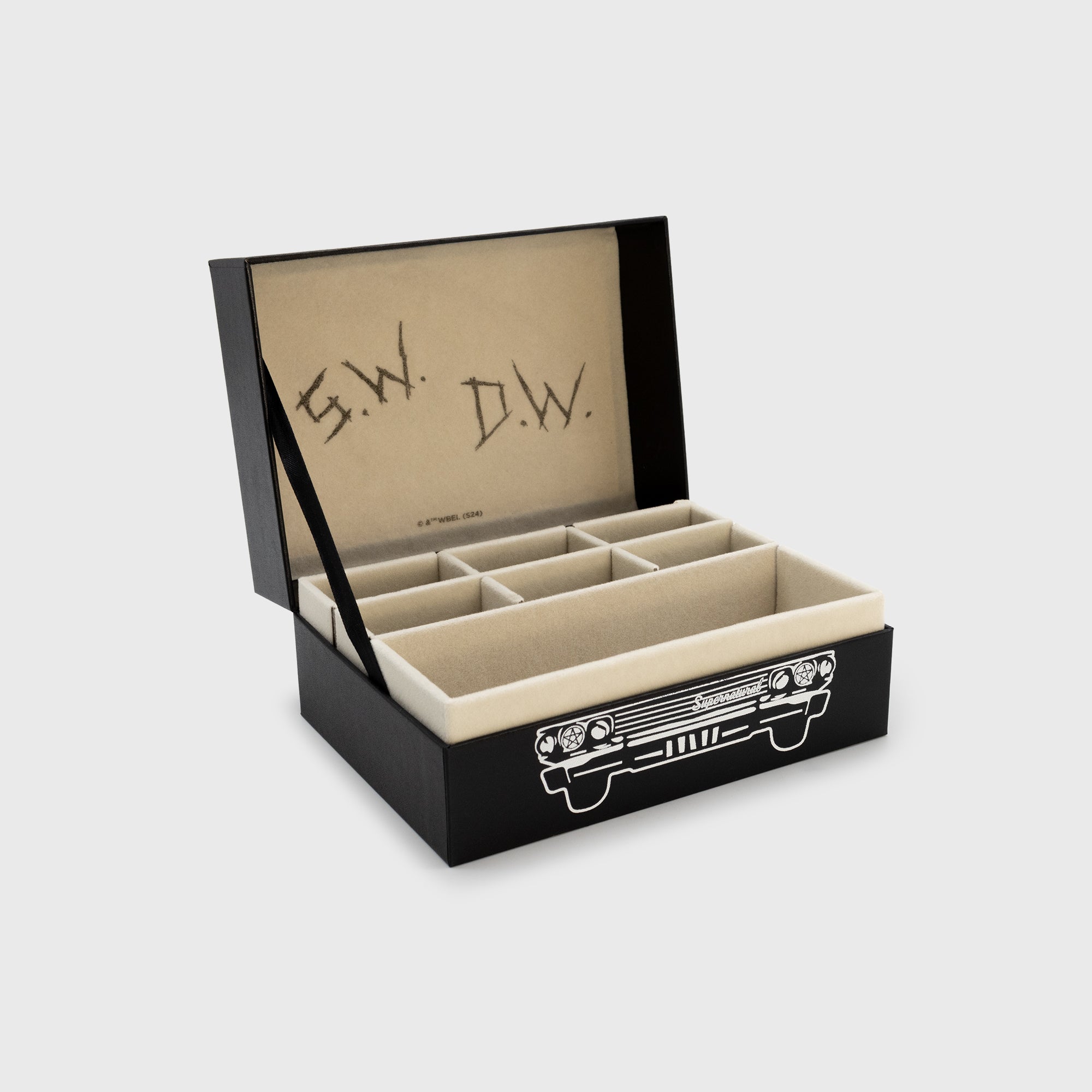 jewelry box open. s.w. and d.w. on inside cover