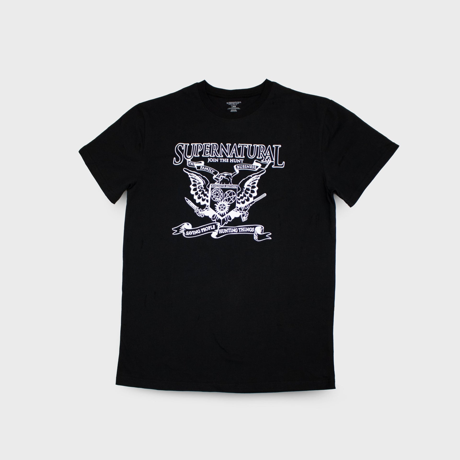 supernatural box supernatural t-shirt the family business saving people hunting things supernatural join the hunt winchester brothers