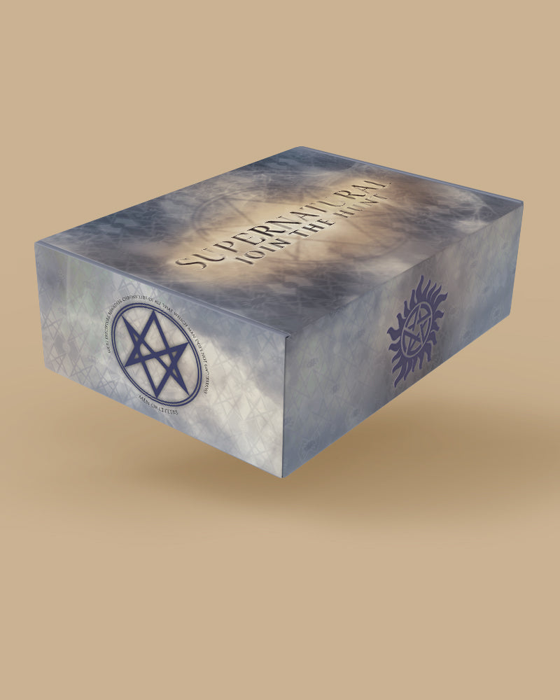 Rectangular box with supernatural join the hunt on it on a beige background
