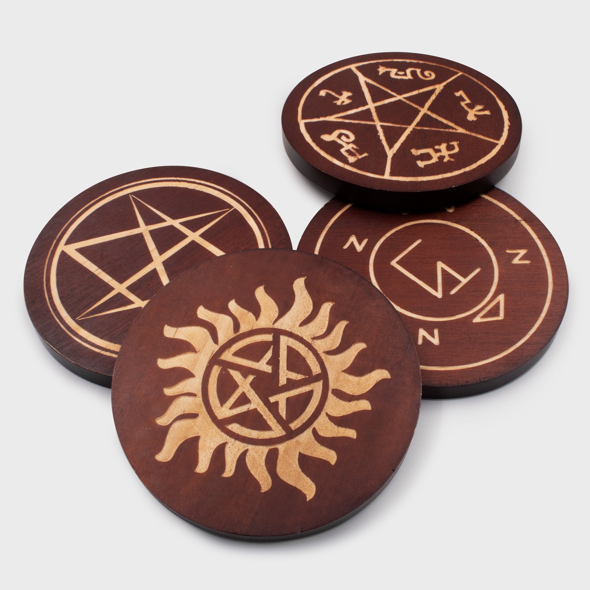 supernatural box 4 coasters set. supernatural symbol, demonic star, relic symbols, demonic summoning circle.