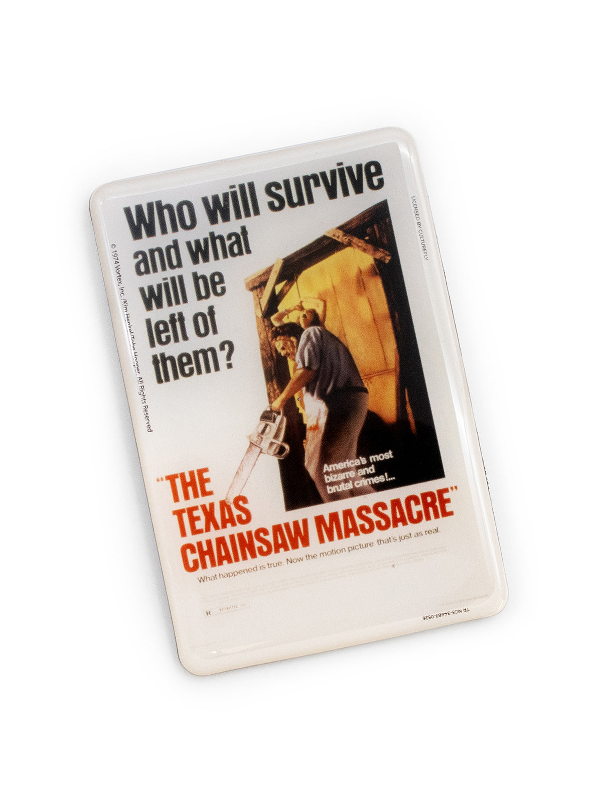 A rectangular vintage movie poster for 'The Texas Chainsaw Massacre' shown at an angle on a plain white background. The poster has a cream border and features bold black text and a central illustration of a man holding a chainsaw in front of a dark doorway, with red title text at the bottom.