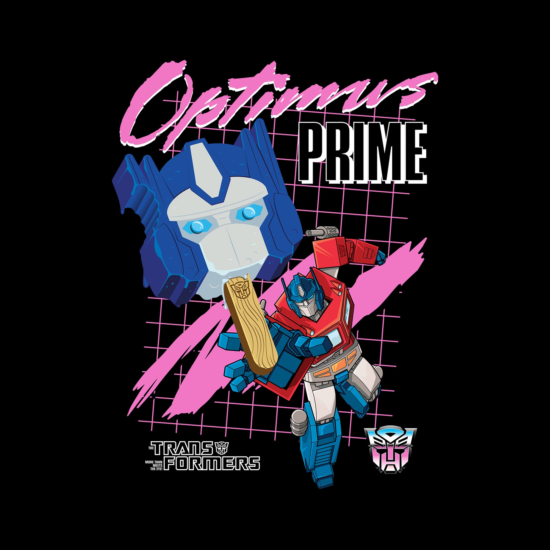 image on shirt: optimus prime grabbing meltz popsicle image of optimus prime. transformers logo. text: optimus prime. the transformers. more than meets the eye.