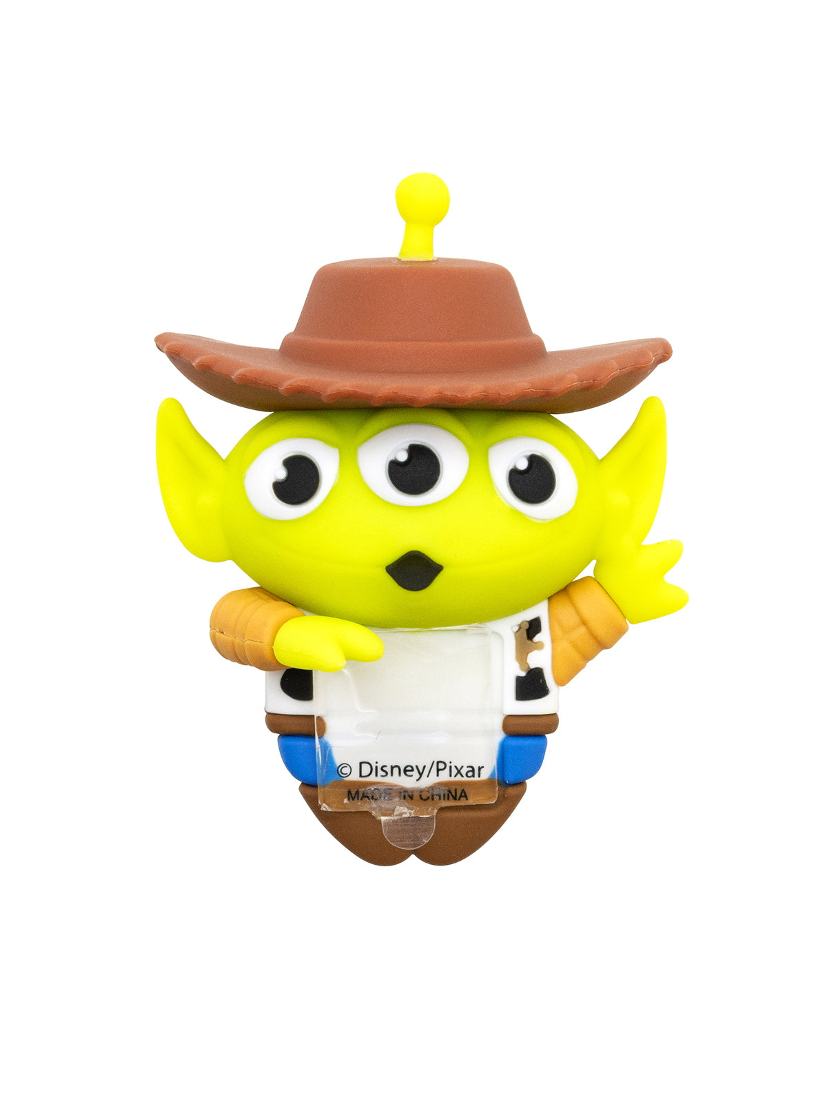 Disney Pixar Toy Story Alien figure wearing a brown cowboy hat and white shirt, isolated on a white background.