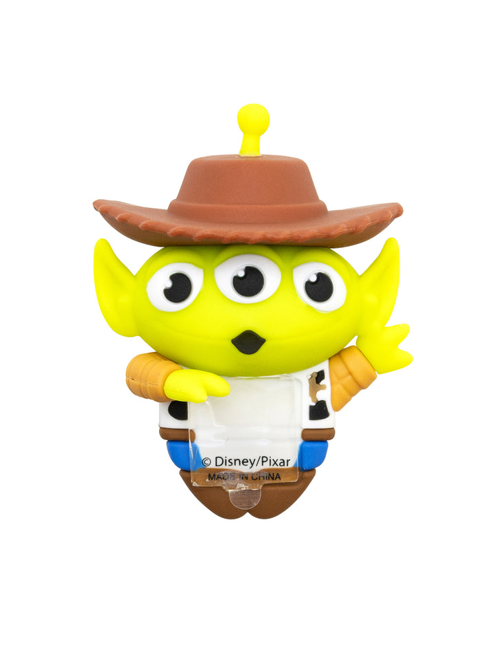 Disney Pixar Toy Story Alien figure wearing a brown cowboy hat and white shirt, isolated on a white background.