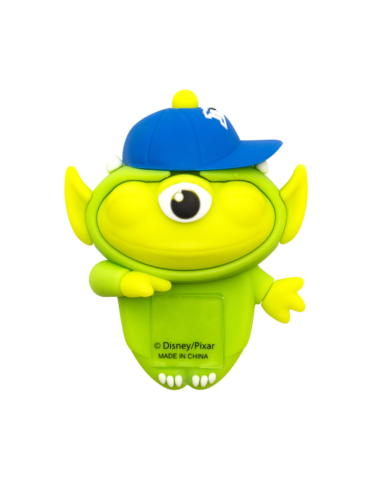 A green alien-shaped figure featuring a blue baseball cap and printed Disney/Pixar branding on the front, isolated on a white background.
