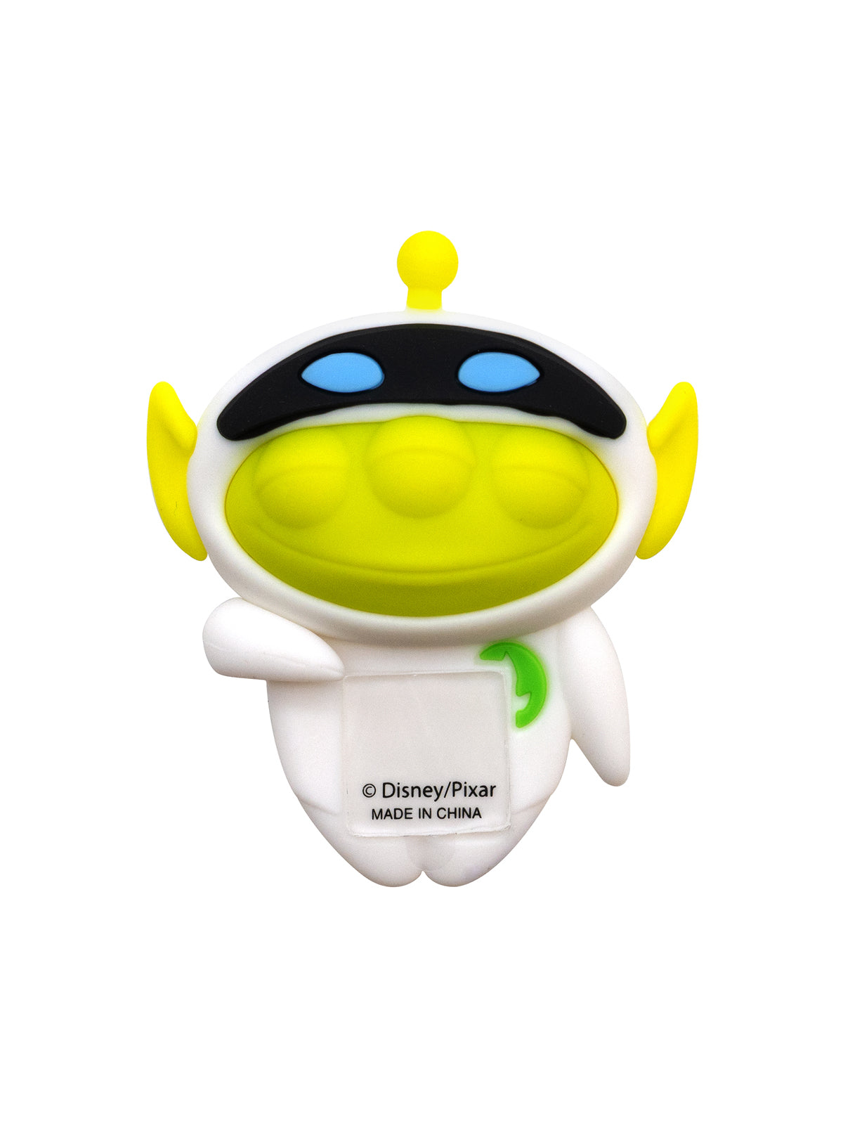 A white Alien figure toy with a large yellow-green face, black visor, yellow ears, and a small green symbol on the chest, shown on a plain white background. Visible text reads Disney/Pixar MADE IN CHINA.
