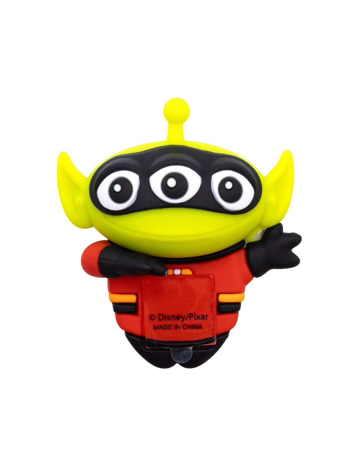 A Disney Pixar Alien figure in a red superhero suit, featuring a green body, black mask, and three eyes, set against a plain white background.