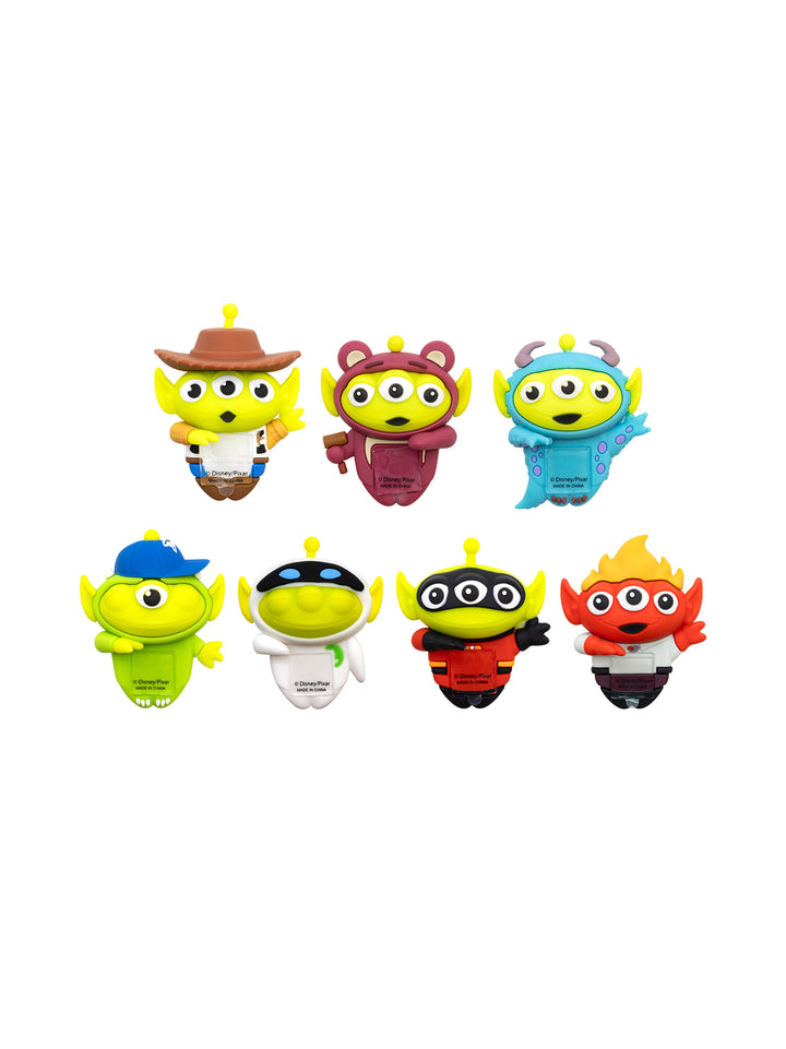 A set of eight small cartoon character figurines arranged in two rows on a plain white background. The characters include Woody, Buzz Lightyear, Sally, Rex, Hamm, Buzz Lightyear again, a green alien with a blue hat, a white astronaut, a red-and-black bee, and a red-and-white flame character.