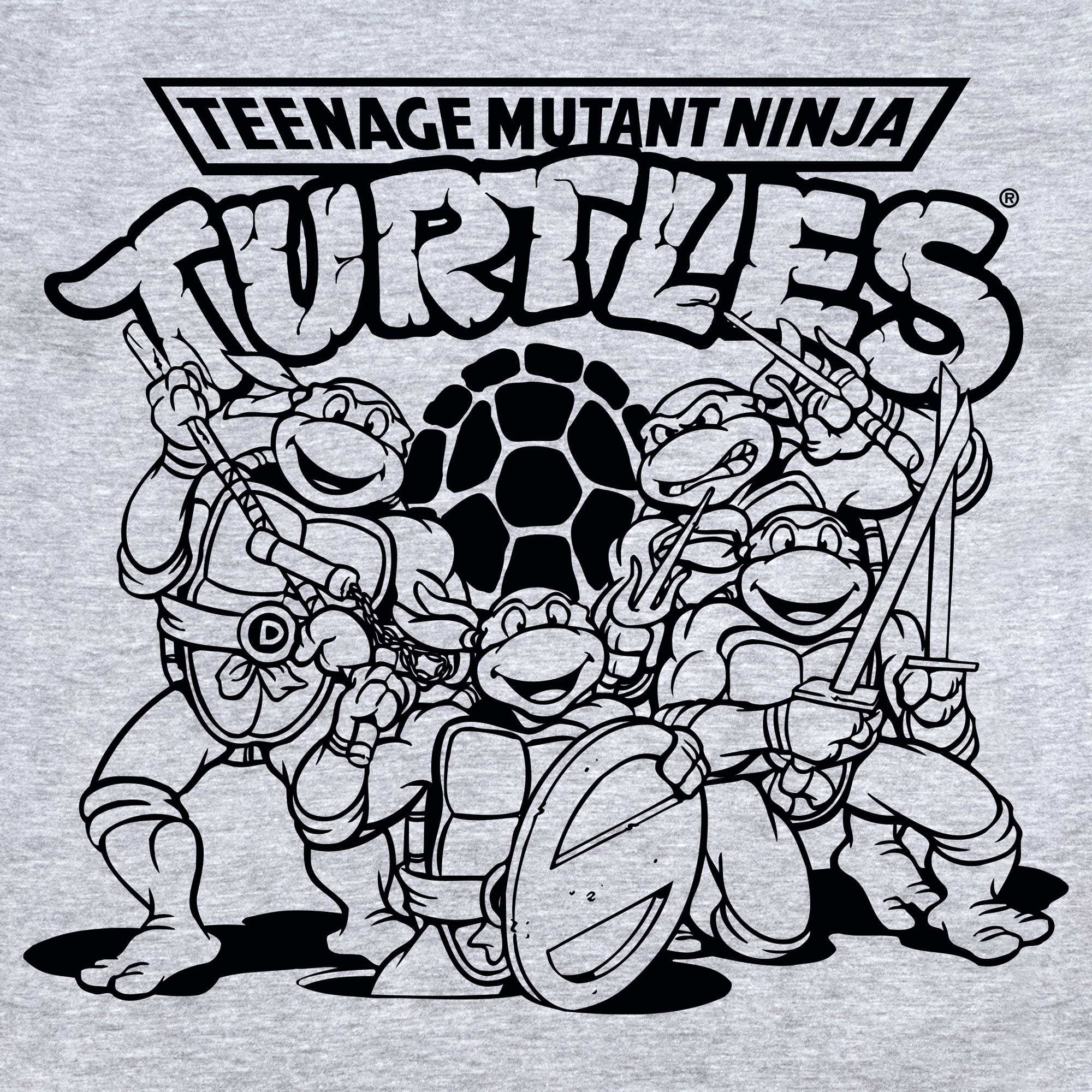 image on shirt: all 4 turtles. Leonardo, Donatello, Raphael and Michelangelo. Turtle shell behind them. text: teenage mutant ninja turtles