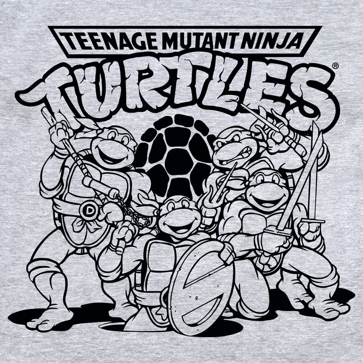 image on shirt: all 4 turtles. Leonardo, Donatello, Raphael and Michelangelo. Turtle shell behind them. text: teenage mutant ninja turtles