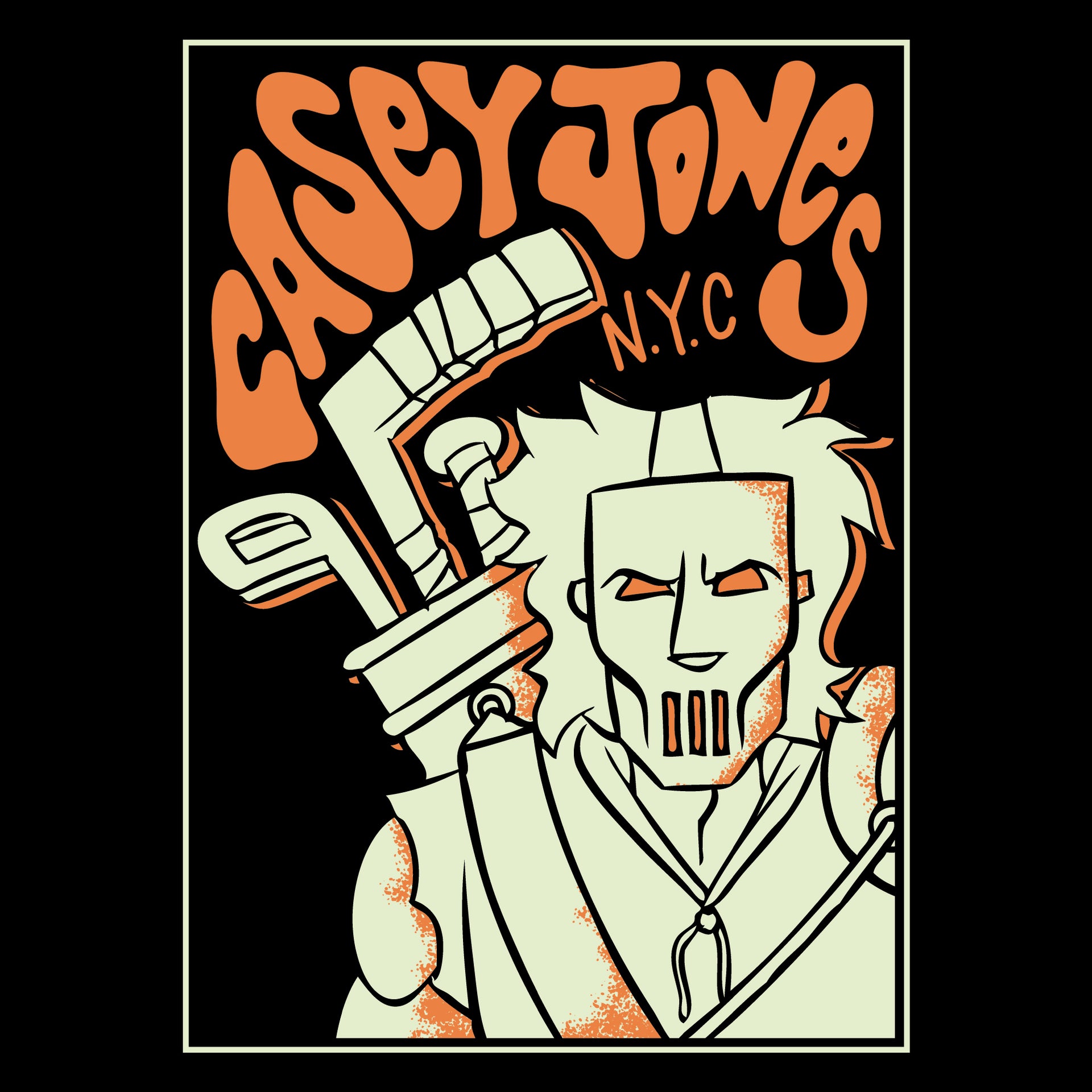 image on shirt. casey jones, man with long hair wearing a mask and has a bag with a golf club, hockey stick, and baseball bat on back. text: casey jones n.y.c