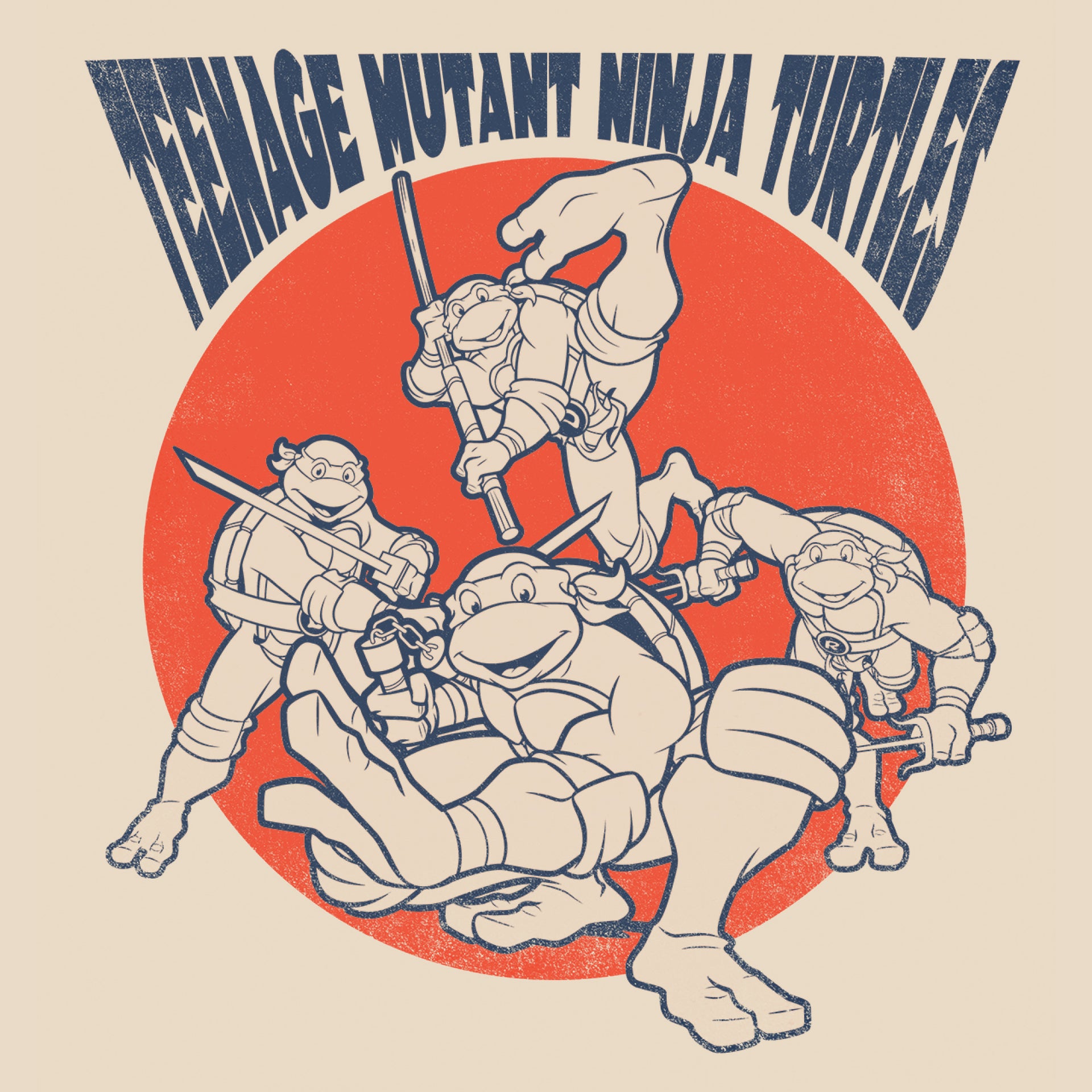 image on shirt: Leonardo, Donatello, Raphael and Michelangelo in fighting poses. text: teenage mutant ninja turtles