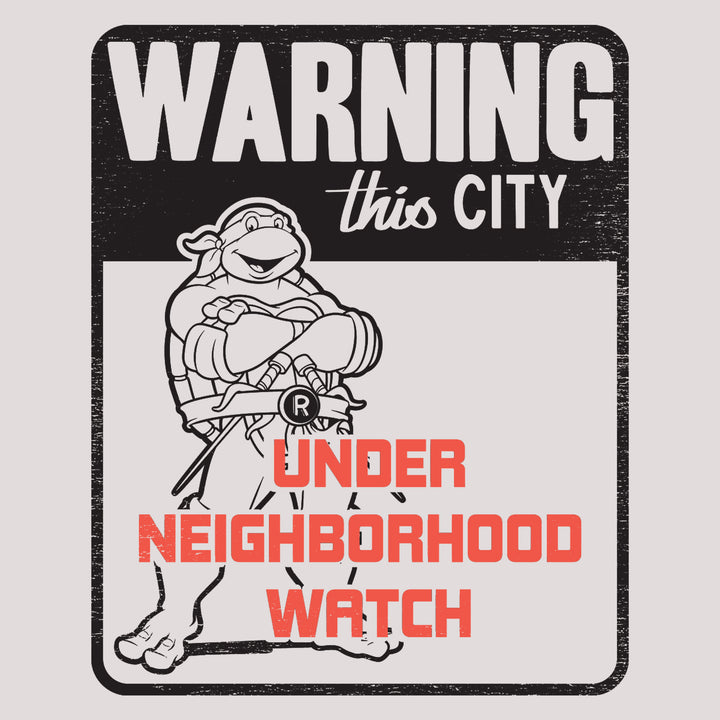 image on shirt: raphael standing with arms crossing. design is like a safety sign. text: warning this city under neighborhood watch