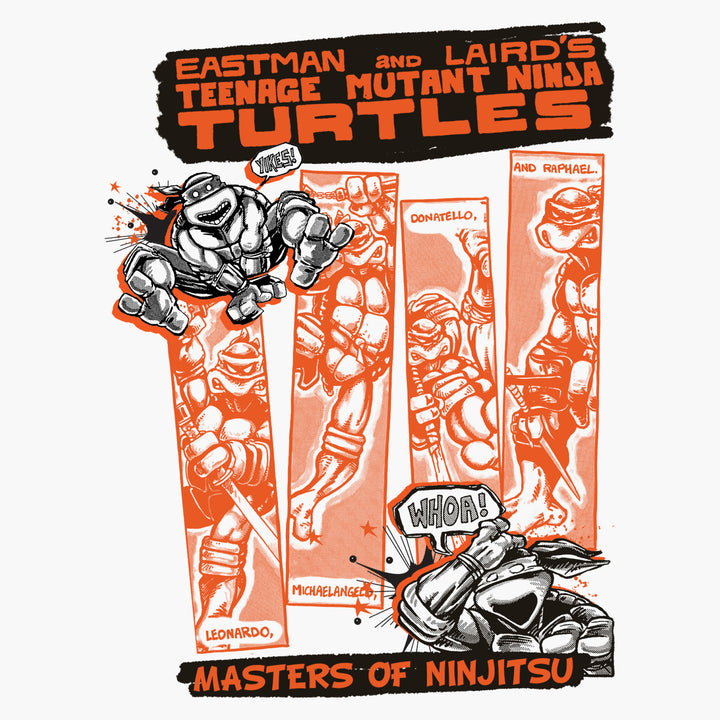 image on shirt: all 4 turtles in comic book panels. 1 turtle jumping. 1 turtle holding head. text: eastman and laird's teenage mutant ninja turtles. yikes! whoa! masters of ninjitsu. Leonardo, Donatello, Raphael and Michelangelo.