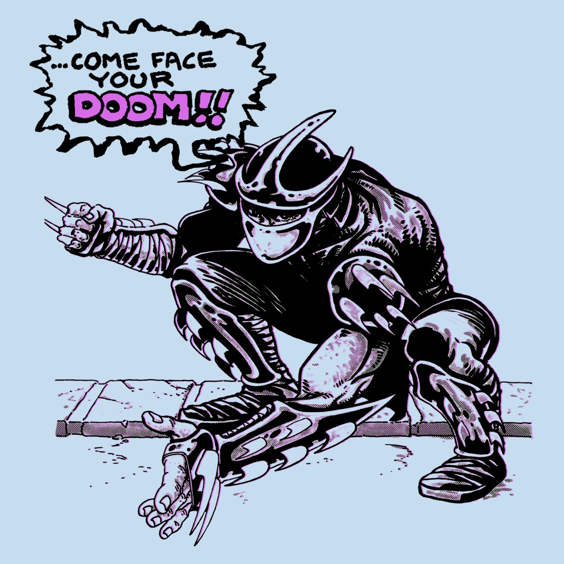 image on shirt: shredder crouching. comic book speech bubble. text: ..come face your doom!!